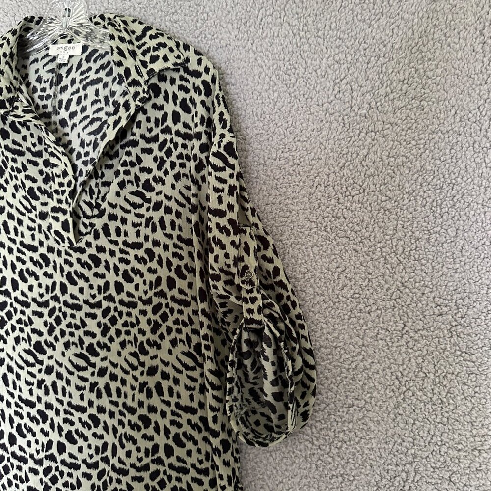 Umgee Womens Tunic Mini Dress Small Olive‎ Green Black Animal Print 3/4 Sleeve - Picture 8 of 10